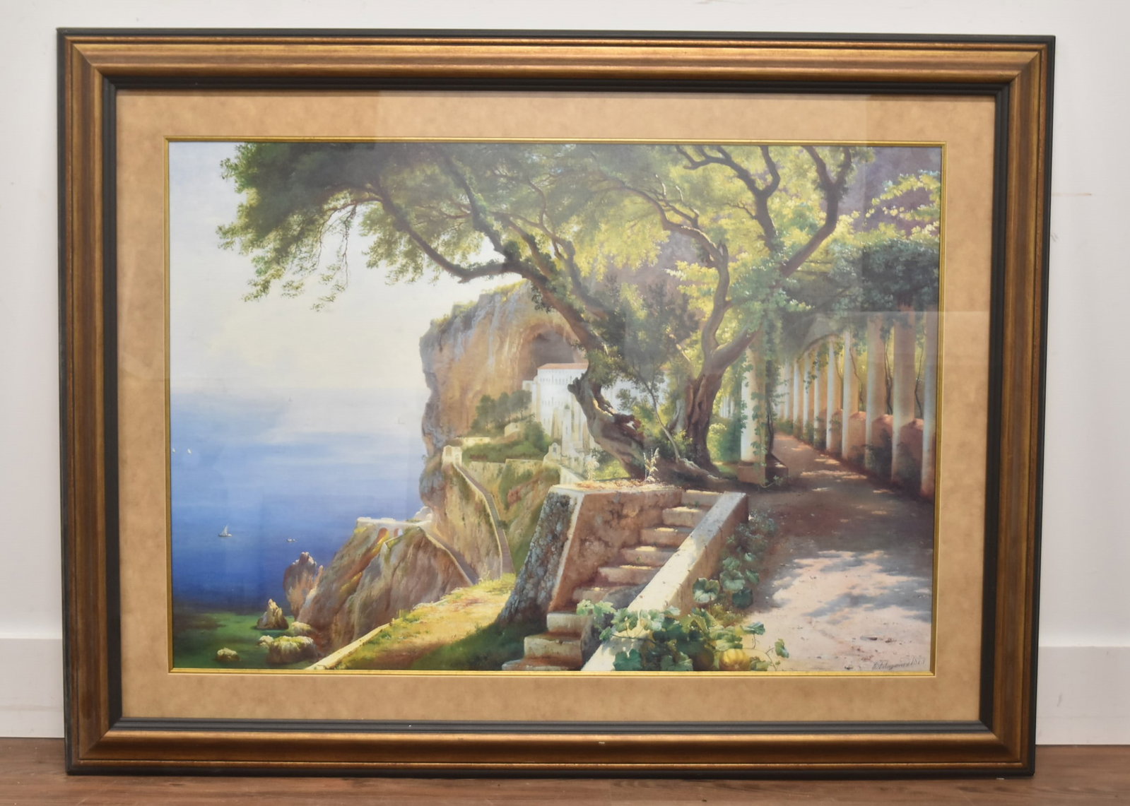 AFTER CARL FREDERICK AAGARD CLIFFSIDE PRINT: AFTER CARL FREDERICK AAGARD CLIFFSIDE VILLA OVER WATER FRAMED PRINT IMAGE SIZE IS 38" x 27" ; 50" x 38" OVERALL