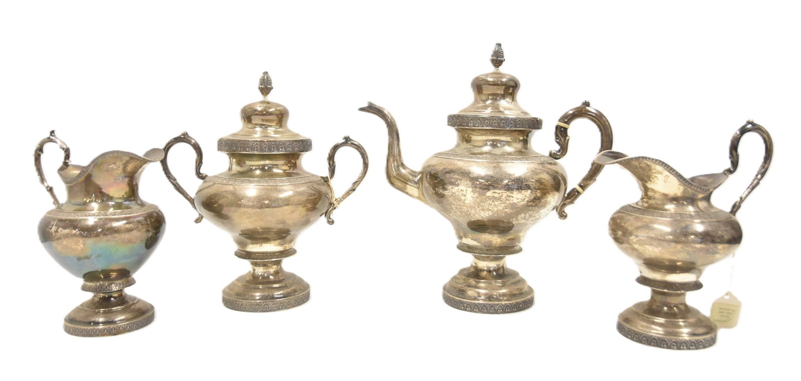 (4)pc 19thC AMERICAN COIN SILVER TEA SET: H.H & Co ALBANY HALL & HEWSON & Co , ALBANY LATE 1820s - 1840 (4)pc AMERICAN COIN SILVER TEA SET ALL SAME PATTERN; ONE MARKED W. ADAMS NEW YORK ; (2) ARE UNMARKED 3003grams ; 96.59ozt