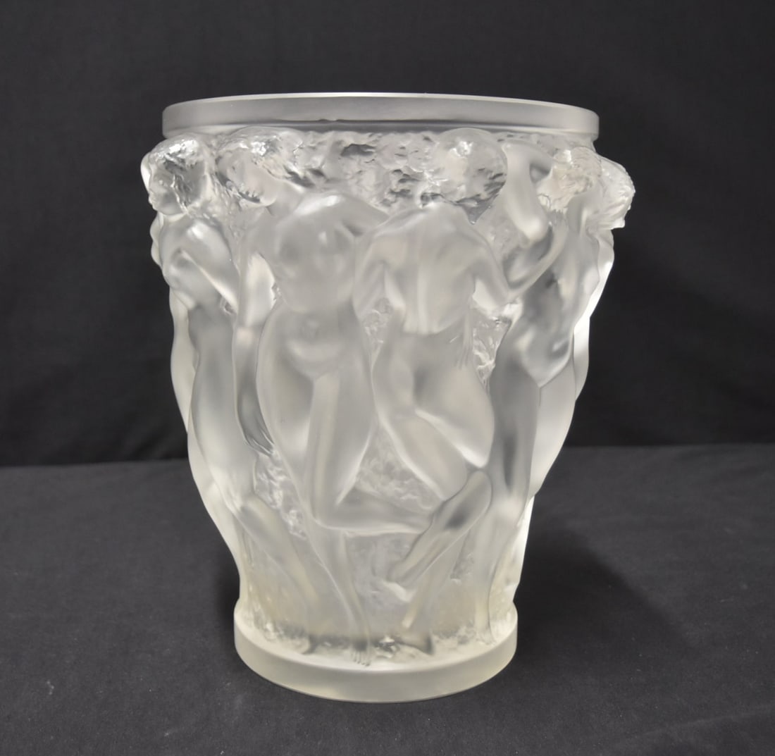 LALIQUE BACCHANTES CRYSTAL VASE: LARGE ANTIQUE LALIQUE BACCHANTES FROSTED CRYSTAL VASE WITH FEMALE NUDES ALL AROUND - 8" x 9 1/2" LALIQUE ; BACCHANTES