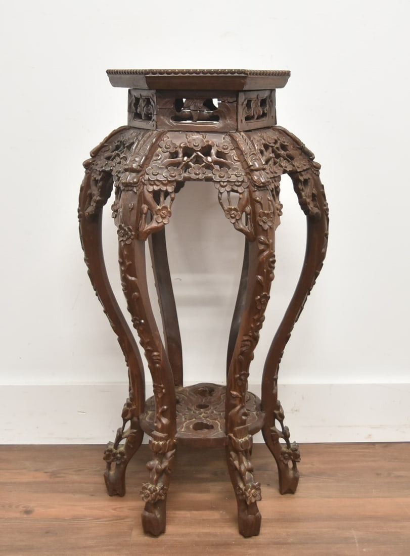 HEAVILY CARVED CHINESE 6-LEG MARBLE TOP STAND: HEAVILY CARVED CHINESE ROSEWOOD TABORET STAND WITH 6 LEGS & MARBLE TOP ; HAVING RETICULATED FLOWERS - 16" x 33" (HAS AN OLD REPAIR)