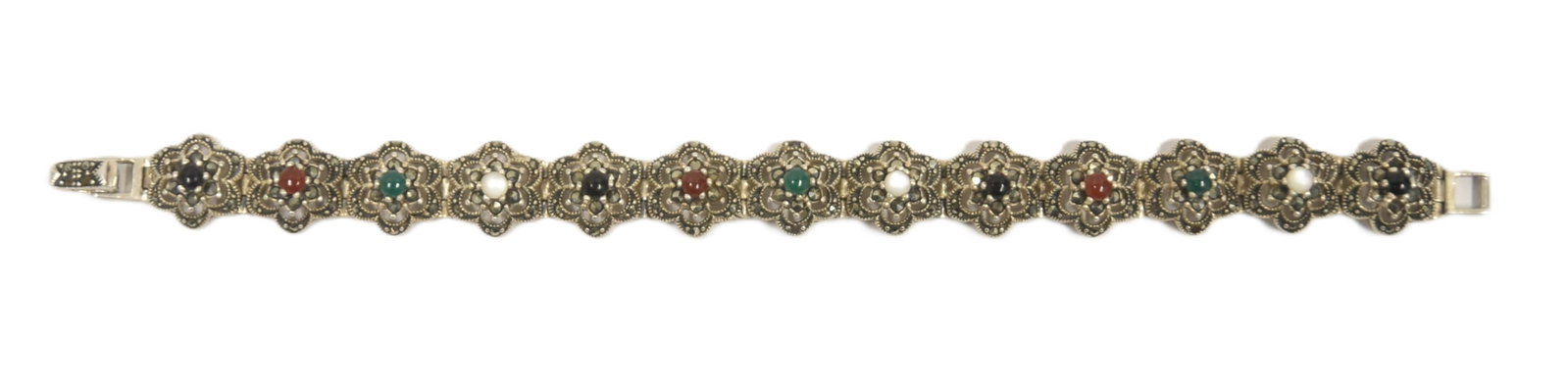 MARSALA STERLING SILVER & GEMSTONE BRACELET: VINTAGE MARSALA 1980s SOLID STERLING SILVER & GEMTONE BRACELET WITH ONYX , MOTHER OF PEARL , CARNELIAN & GREEN AGATE ; WITH SAFTEY LOCK (2 SMALL STONES MISSING) 27.5grams ; 7" LONG