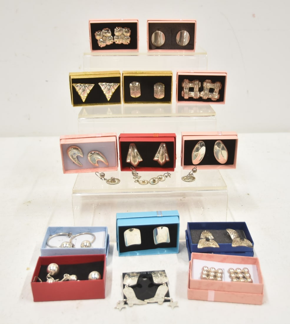 (16) PAIRS TAXCO STERLING SILVER EARRINGS: (16) PAIRS BRAND NEW NEVER WORN TAXCO & ASSORTED STERLING SILVER EARRINGS INCLUDING SOMBRERO'S & COWBOY BOOTS - 2 1/4" LONG ; SOME WITH TURQUOISE STONES ; LARGEST IS APPROX 1" x 1 1/2" ; 6.97ozt