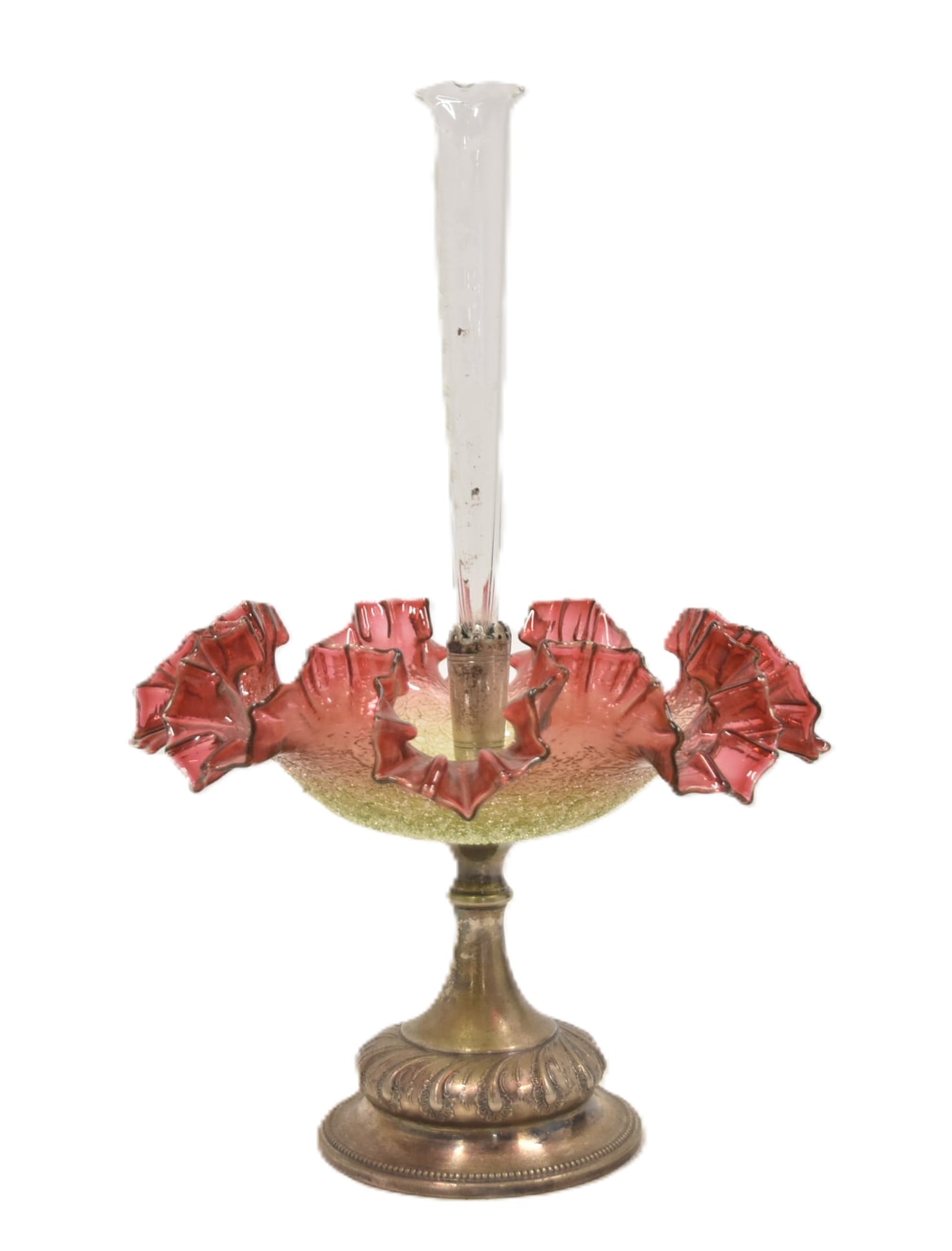 ANTIQUE RUFFLED GLASS EPERGNE CENTERPIECE: ANTIQUE RUFFLED GLASS EPERGNE CENTERPIECE WITH SILVER PLATE BASE - 9 1/2" x 15"