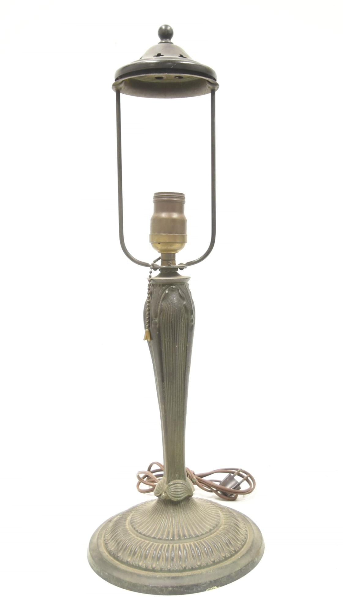 ANTIQUE FROG FINISH LAMP BASE: ANTIQUE PITTSBURGH ? VERDIGRES FROG FINISH PATINATED LAMP BASE ; ATTRIBUTED TO PITTSBURGH / MILLER - 7" x 21 1/2"