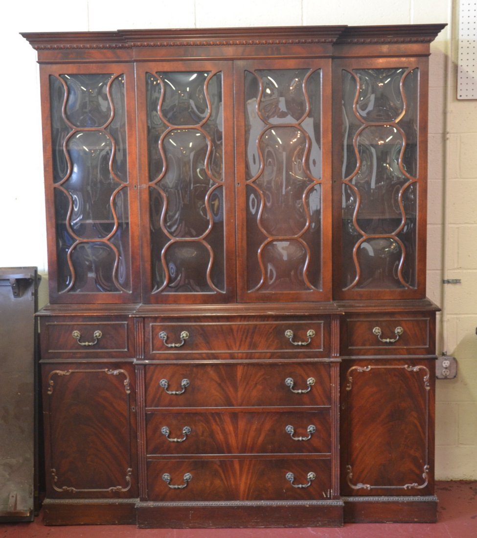 BUBBLE GLASS BREAKFRONT WITH SECRETARY: 65" x 15 1/2" x