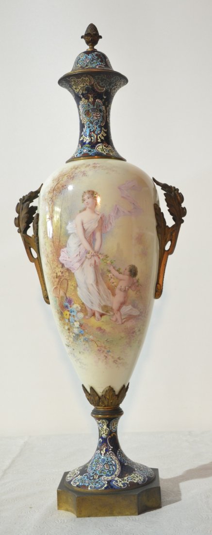 CHAMPLEVE MOUNTED SEVRES PORCELAIN VASE: 9" x 27"