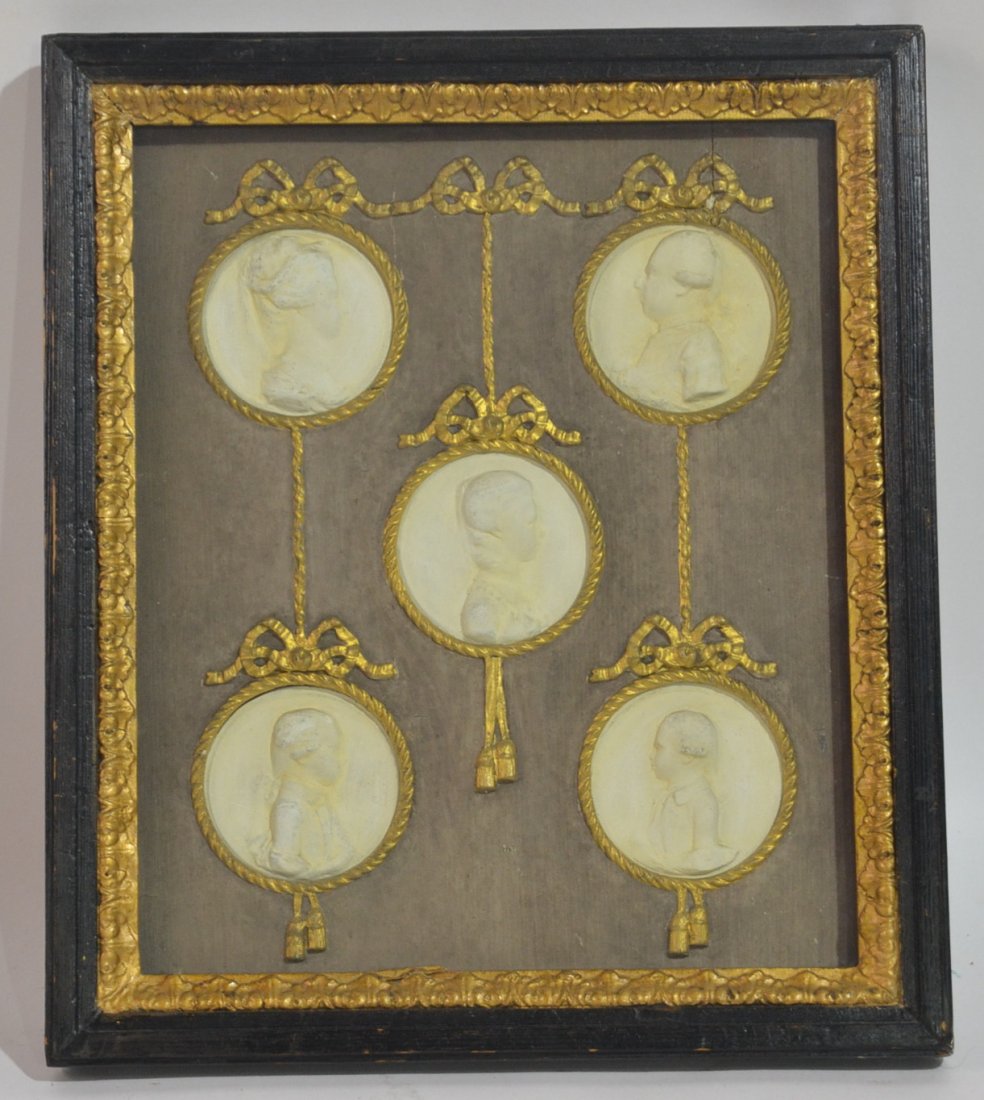 SET OF (5) FRAMED EARLY 19thC PLASTER PORTRAITS: LINEAGE OF PRINCE WILLEM OF ORANGE (NETHERLANDS) & HIS WIFE PRINCESS WILHELMINA OF PRUSSIA AND THEIR 3 CHILDREN WILLIAM 1st OF NETHERLANDS ,PRINCE FREDERICK OF ORANGE & PRINCESS LOUISE OF ORANGE FRAME