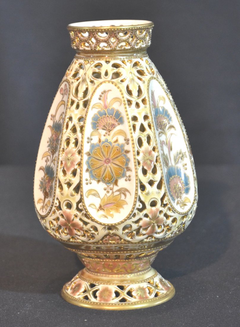 HAND PAINTED ZSOLNAY RETRICULATED VASE - 6 1/2": HAND PAINTED ZSOLNAY RETRICULATED VASE - 6 1/2"