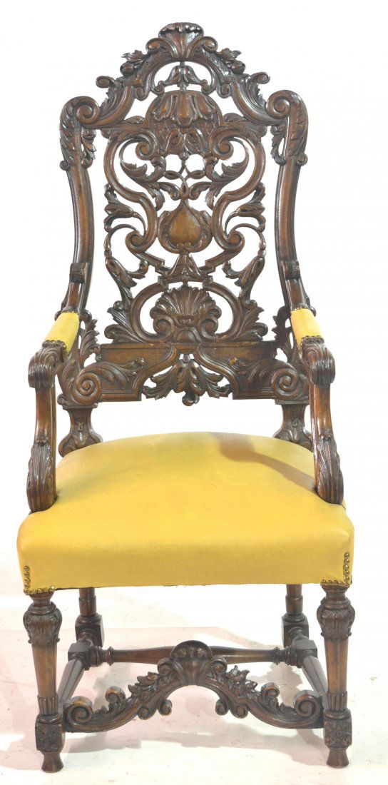 HEAVILY CARVED LIGHTOLIER MAHOGANY THRONE CHAIR: WITH LEATHER UPHOLSTERY - 24 1/2" x 22" x 54"