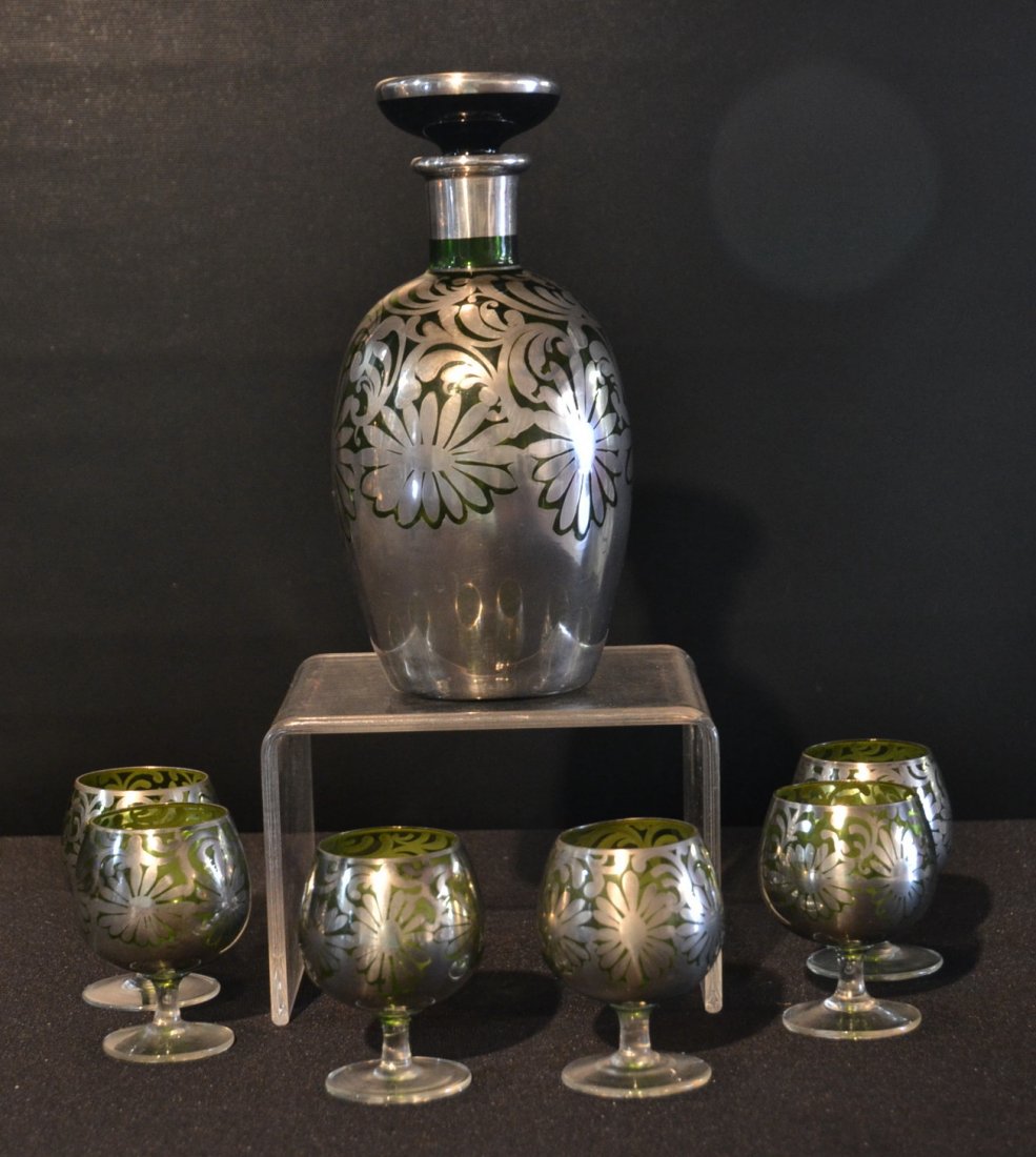 STERLING SILVER MOUNTED GREEN GLASS DECANTER SET: WITH BRANDY DECANTER & (6) GLASSES IN PRESENTATION BOX