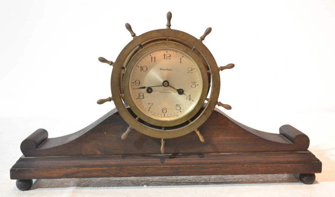 WATERBURY SHIPS WHEEL MANTLE CLOCK - 18 1/4" LONG: WATERBURY SHIPS WHEEL MANTLE CLOCK - 18 1/4" LONG