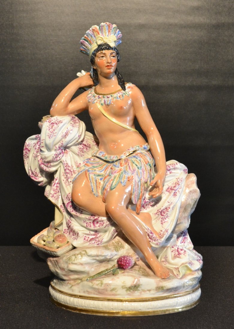 DRESDEN PORCELAIN SEATED POCAHONTAS? WITH: BOW & ARROW AND PUTTI WITH TURTLE INVERSO - 8" x 15"