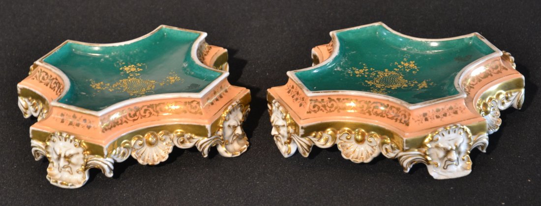 (Pr) PORCELAIN FOOTED PLATEAU DISHES MARKED: JP ; ATTRIBUTED TO JACOB PETTIT (SOME FEET CHIPPED) 7" x 7" x 2 1/2"