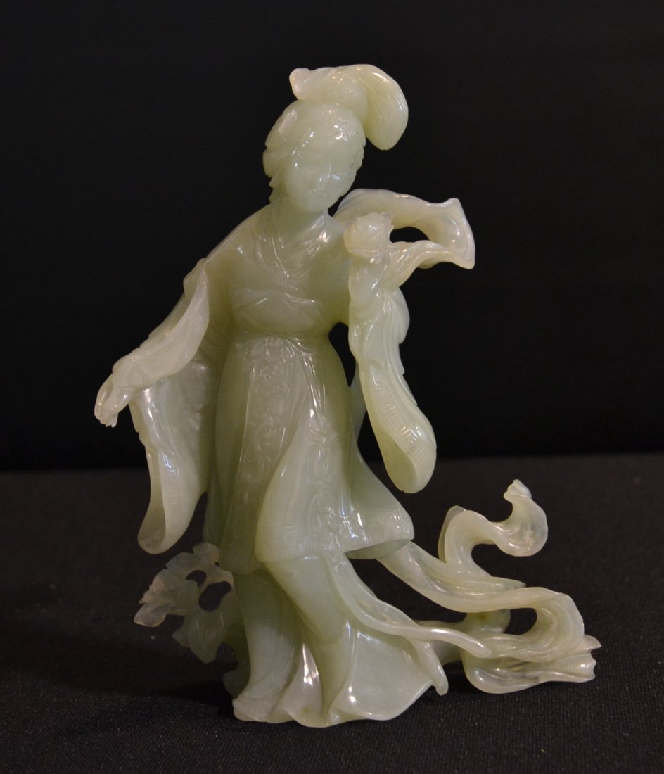 CARVED JADE FIGURE OF GODDESS (MINOR LOSS): 5 1/2" x 7 1/2"
