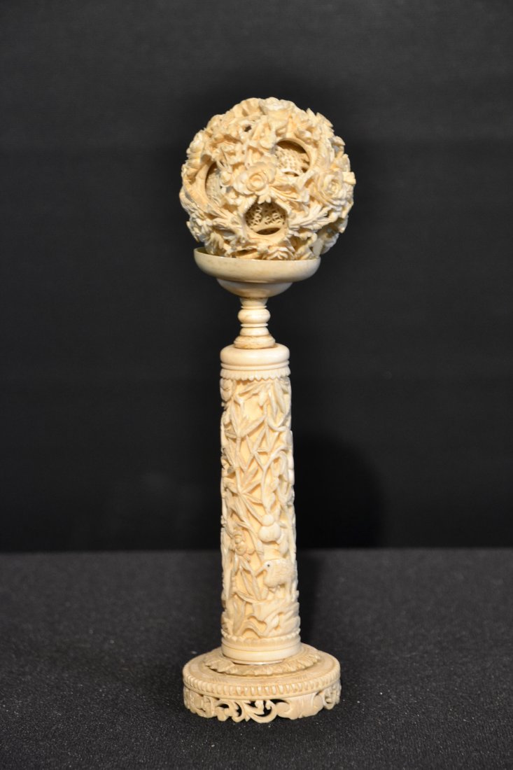 ALL CARVED IVORY MYSTERY BALL ON TOP OF CARVED: POST WITH BIRDS & RAT - 9 1/2" TALL