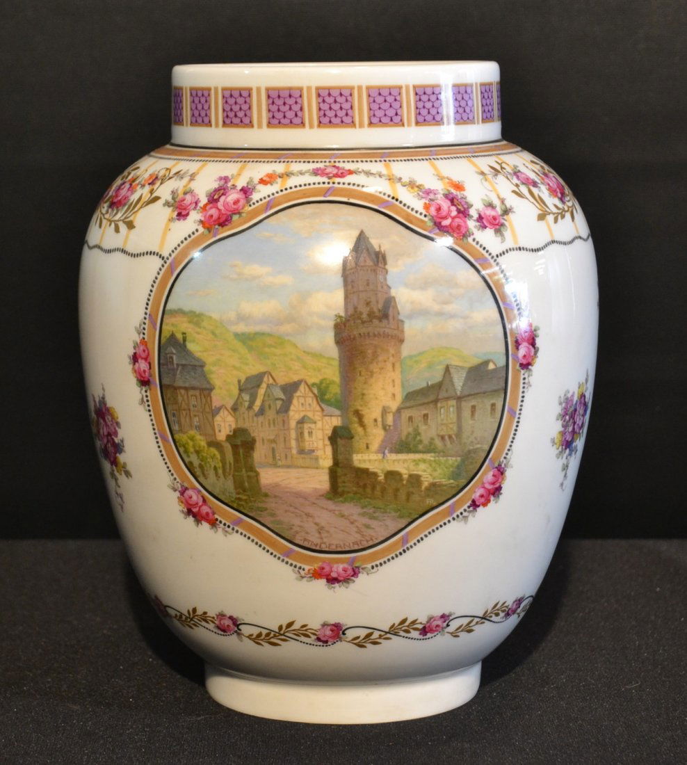 HAND PAINTED KPM URN WITH CASTLE SCENE ;: FINDEANACH - 5" x 10 1/2"