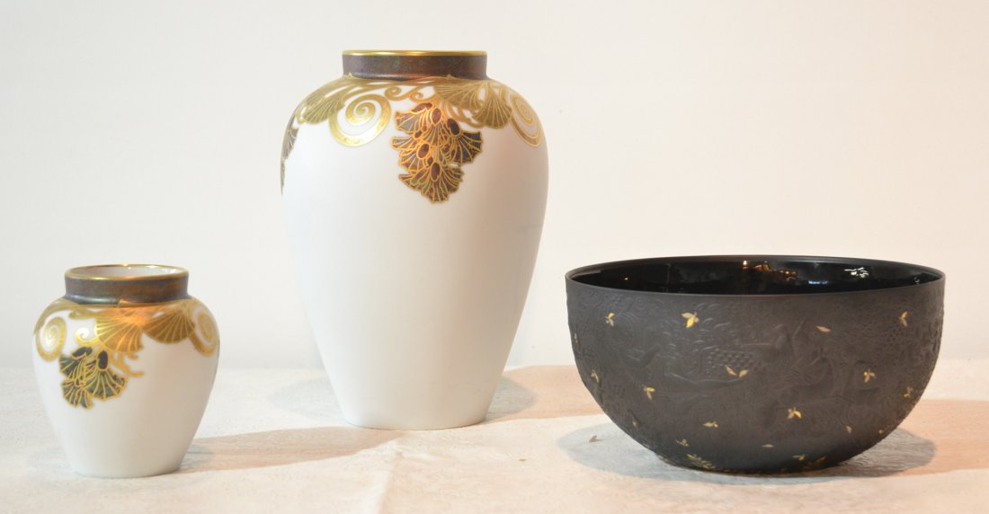 (2) ROSENTHAL CLASSIC VASES , ARTIST SIGNED: BLACK ROSENTHAL BOWL - TALLEST IS 9"