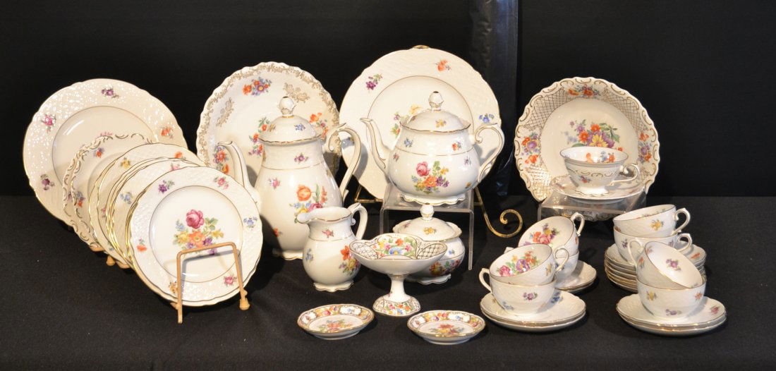 SCHUMANN BAVARIA DESSERT SERVICE CONSISTING OF: TEA & COFFEE POT (FINIAL GLUED) , SUGAR & CREAMER, (4) BOWLS, (12 CAKE PLATES, (3) PLATES , (8) CUPS , (12) SAUCERS & ASSORTED PIECES INCLUDING (3) DRESDEN TAZZAS