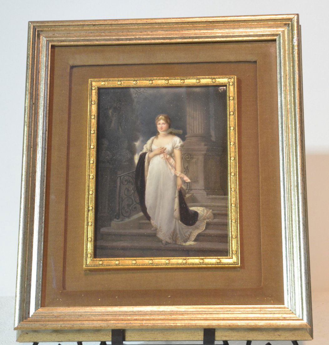 HAND PAINTED KPM PORCELAIN PLAQUE OF QUEEN LOUISE: IN SHADOW BOX FRAME - WITH KPM SEPTOR MARK & W INITIAL - PLAQUE IS 6 1/4" x 8 1/2" , 13" x 15" OVERALL