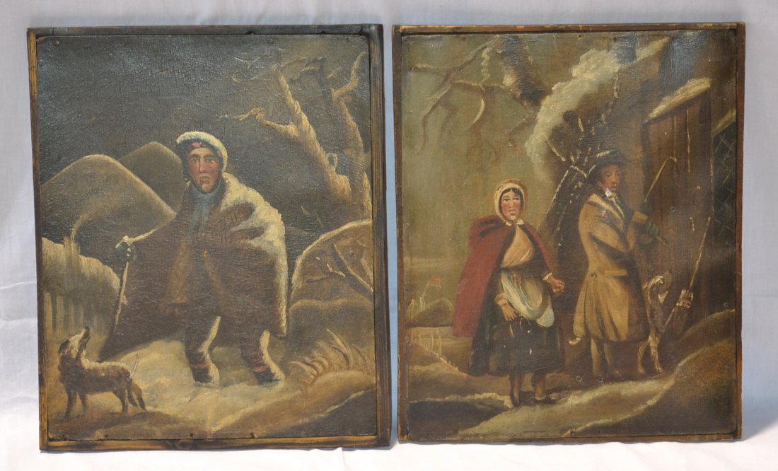 (Pr) 19thC PRIMITIVE AMERICAN WOOD PAINTINGS: OF FIGURES - 15" x 18"