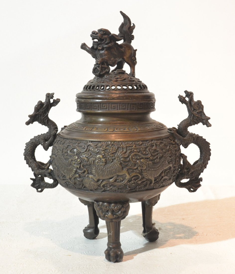 ORIENTAL BRONZE SENSOR WITH FOO DOGS & DRAGONS: 11" x 14"
