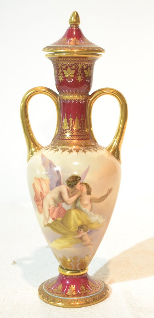 19thC HAND PAINTED ROYAL VIENNA COVERED URN WITH: WINGED CUPID & VENUS ON FRONT & CHERUBS ON BACK WITH TWIN HANDLES - 12" TALL