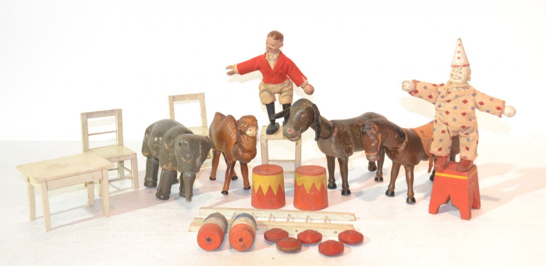 (6) REDUCED SIZE SCHOENHUT CIRCUS FIGURES: INCLUDING BARRELS, ELEPHANT (NO EARS), RING MASTER CLOWN, BACTRIAN CAMEL, HORSE, DONKEY , LADDERS, CHAIRS & TABLE (ANIMALS HAVE BEEN RESTRUNG)