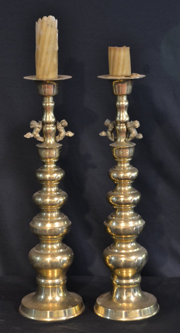 (Pr) BRASS CANDLESTICKS WITH FOO DOGS