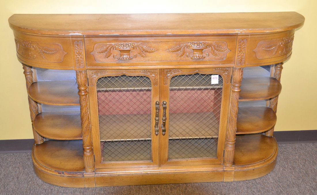 CARVED CREDENZA WITH TWISTED COLUMNS & GLASS DOORS: CARVED CREDENZA WITH TWISTED COLUMNS & GLASS DOORS