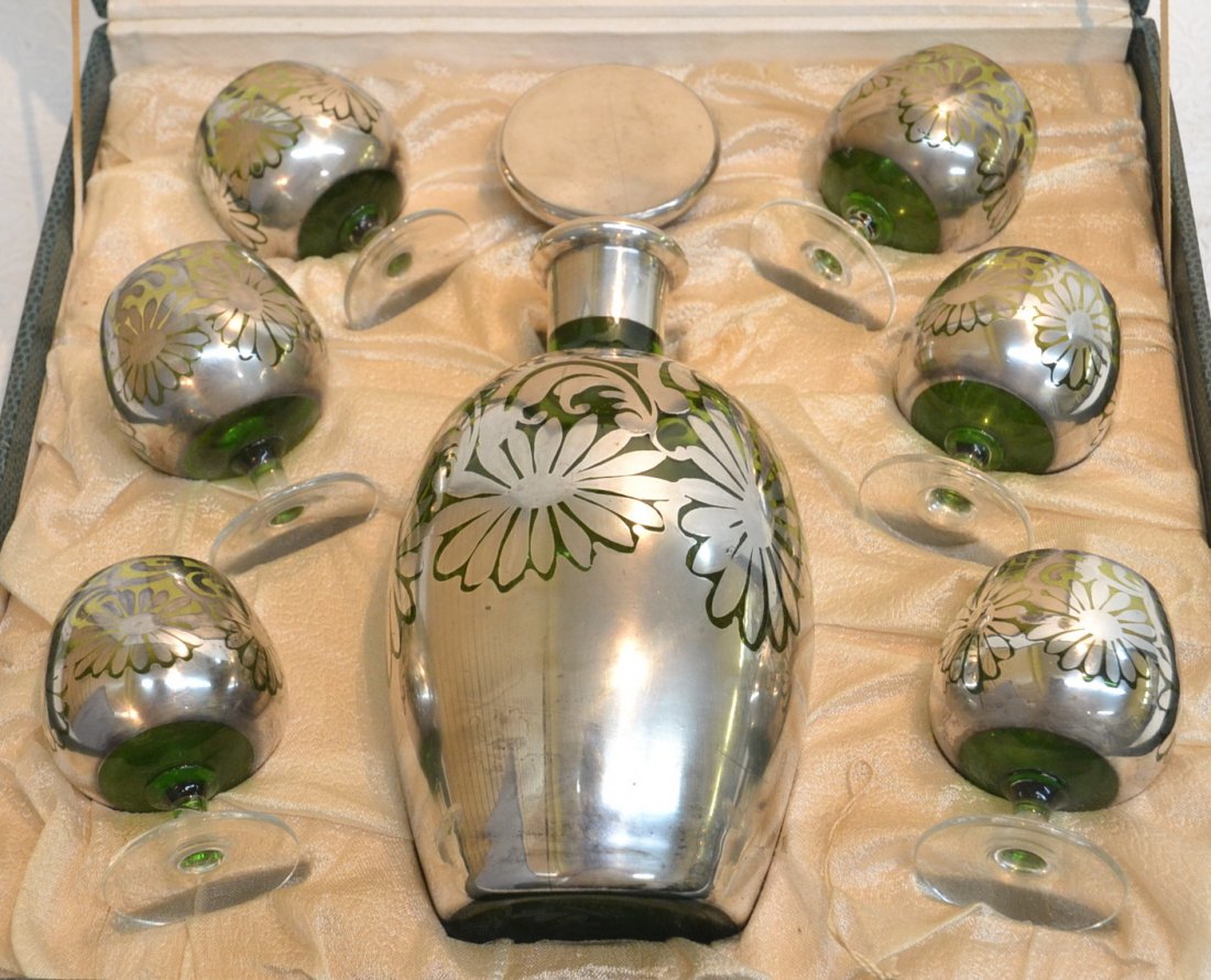 SILVER MOUNTED GREEN GLASS DECANTER SET: WITH BRANDY DECANTER & (6) GLASSES IN PRESENTATION BOX