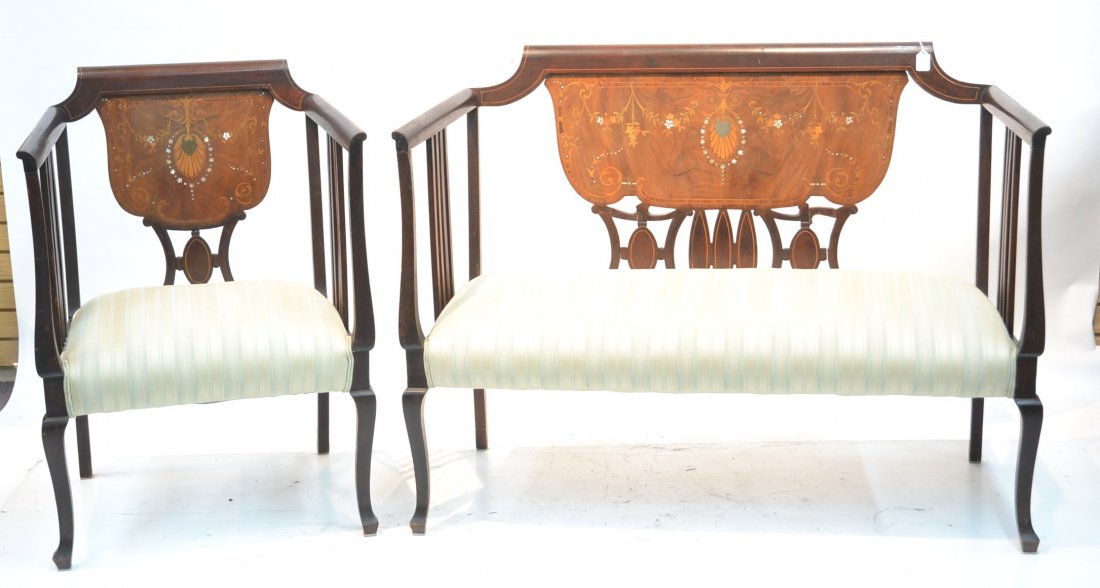 EDWARDIAN INLAID MOTHER OF PEARL SETTEE & CHAIR: 46" x 36" , 26" x 36"