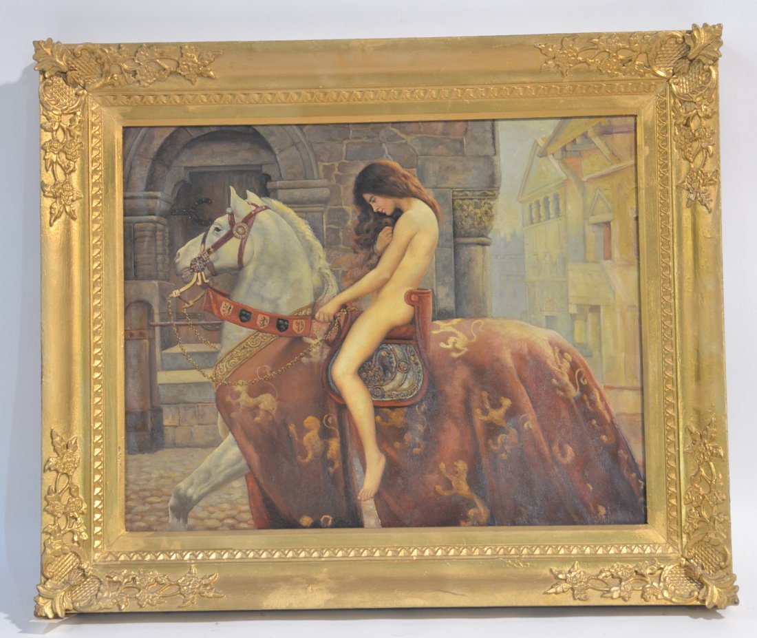 19thC LADY GODIVA CONTINENTAL SCHOOL OIL ON CANVAS: SIGNED LOWER RIGHT J.RNCIS ? ILLEGIBLY IN GILT FRAME - 21" x 26" , 27 1/4" x 32 1/4"