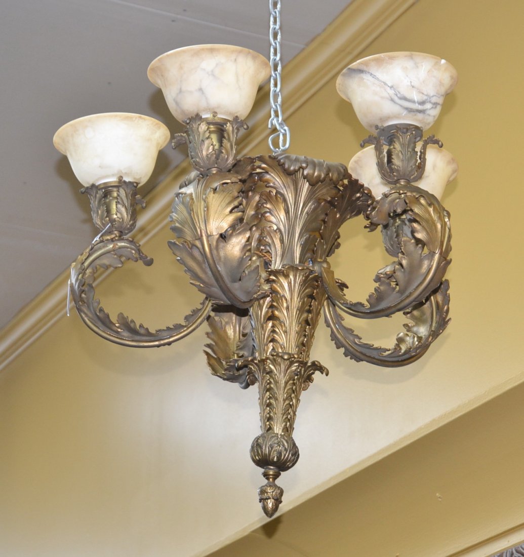 CARVED BRONZE CHANDELIER WITH SCROLLING LEAVES: & ALABASTER SHADES ; DATED SEPT 21 , 96' - APPROX. 22" x 20"
