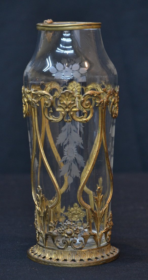 ETCHED VASE WITH BRONZE ORMOLU - 8" TALL