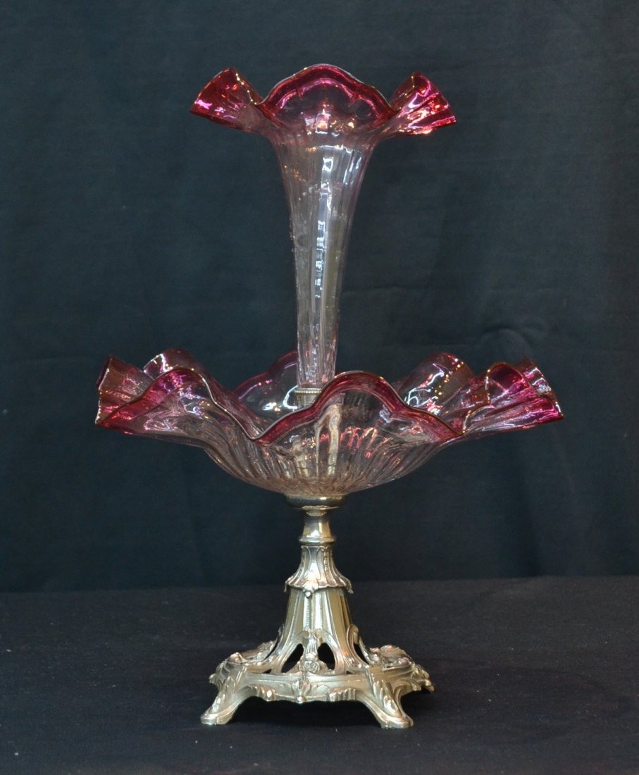 SILVER PLATE CRANBERRY CUT TO CLEAR EPERGNE: 10" x 14"