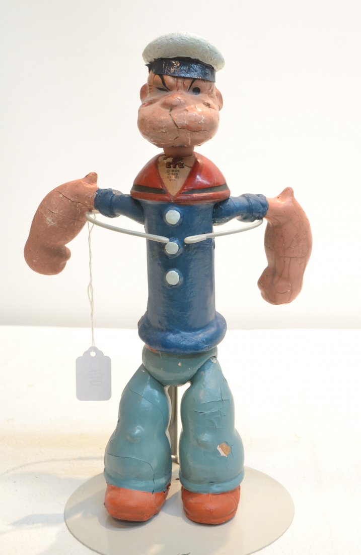 COMPOSITION & JOINTED WOOD POPEYE THE SAILOR MAN: BY KING FEATURES - 1935 ; WITH ORIGINAL LABEL ON CHEST - SOME PEELING AND CRACKING & MISSING PIPE - 13 1/2" TALL