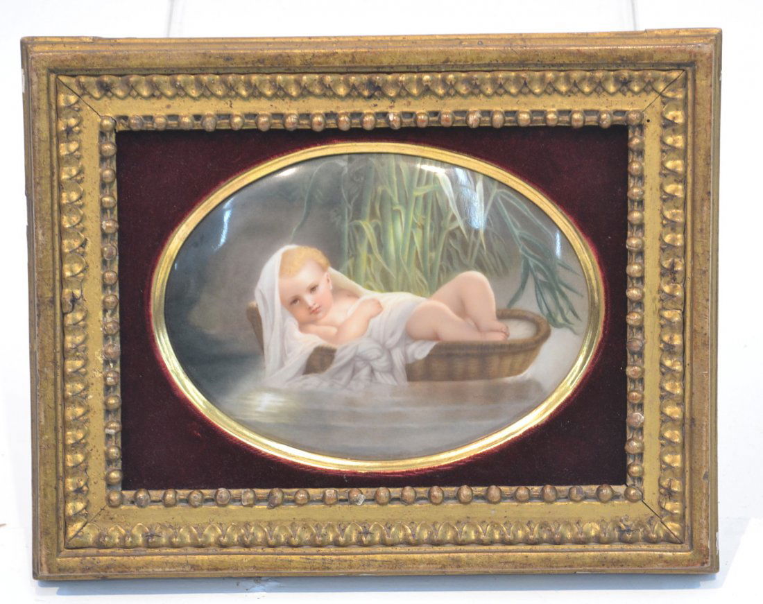 HAND PAINTED KPM PORCELAIN PLACQUE OF BABY MOSES: IN THE BUSH IN GILT FRAME - 7" x 5 1/2" , 11" x 8 1/2" FRAMED