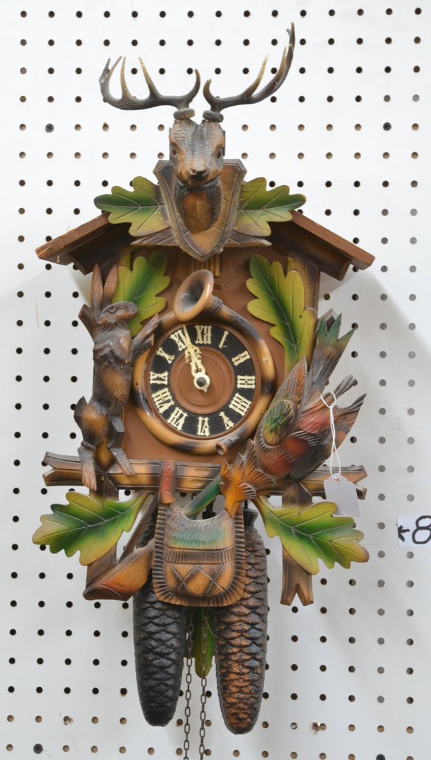 GERMANY CUCKOO CLOCK WITH DEER & RABBITS: 11"" x 17 1/2" (SOME PIECES MISSING)