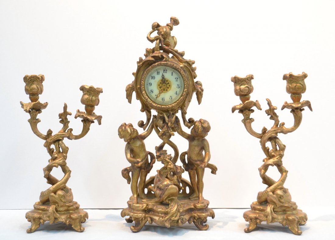 (3)pc GILT METAL FIGURAL NEW HAVEN CLOCK WITH: MATCHING (Pr) CANDELABRAS - 6 1/2" x 15"