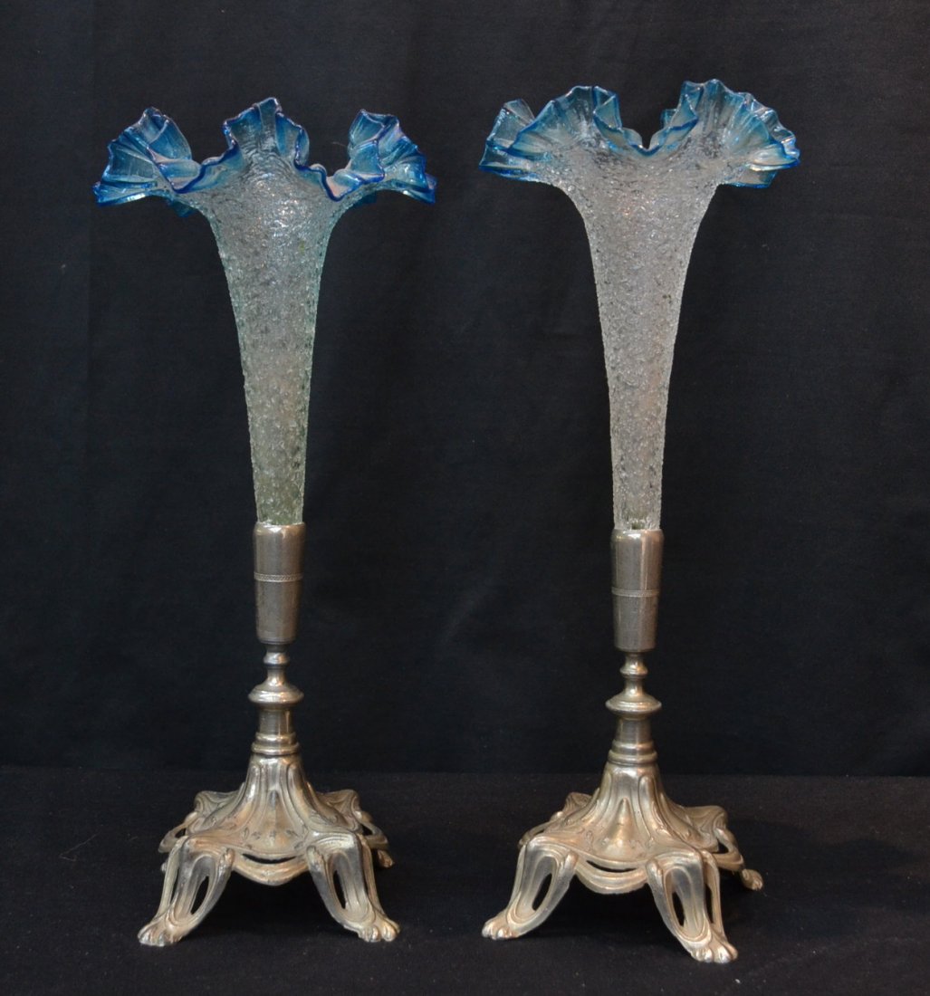 (Pr) RUFFLED ICE CHIP EPERGNES WITH ON SILVER: PLATE BASE - 14" TALL