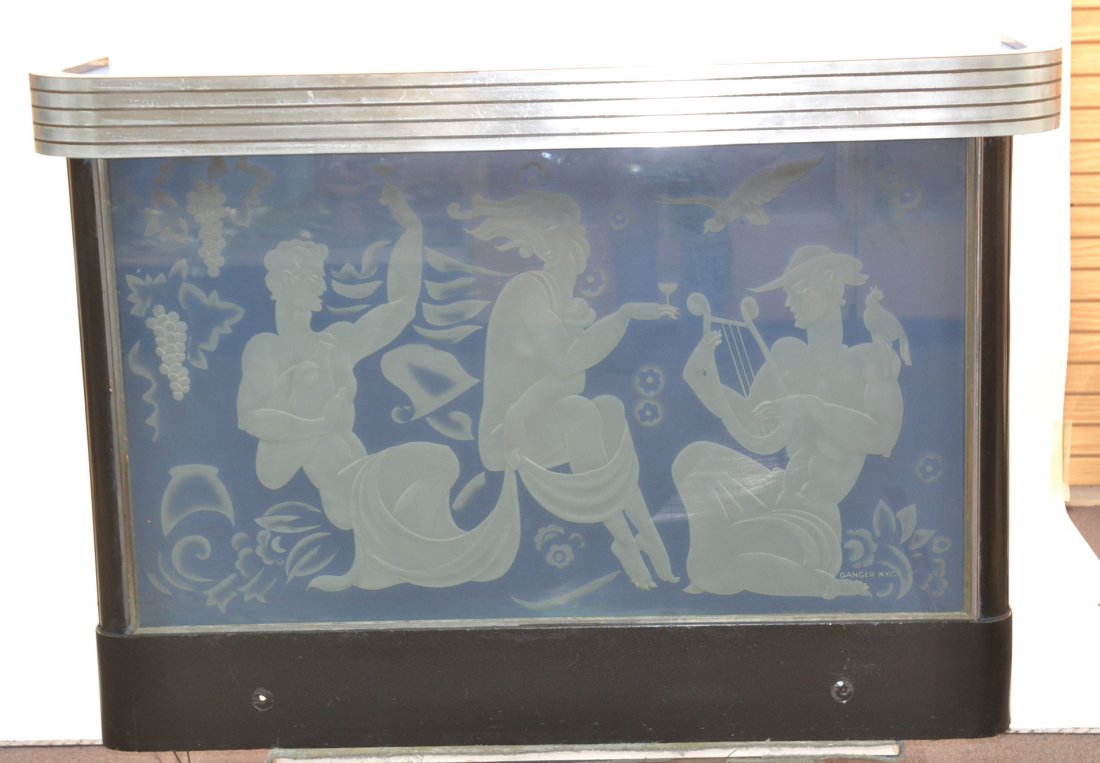 DECO BAR WITH LARGE ETCHED GLASS PANEL BY GANGER: NYC DEPICTING (2) MEN & SEMI NUDE WOMAN WITH MARTINIS & FLOWING GRAPES, BIRDS & HARPS - SIGNED GANGER NYC ; WITH CHROME ACCENTS , ENAMEL INSERTS & SMOKE MIRRORED SIDES ALSO SIGNED GANGER INSTALLATION