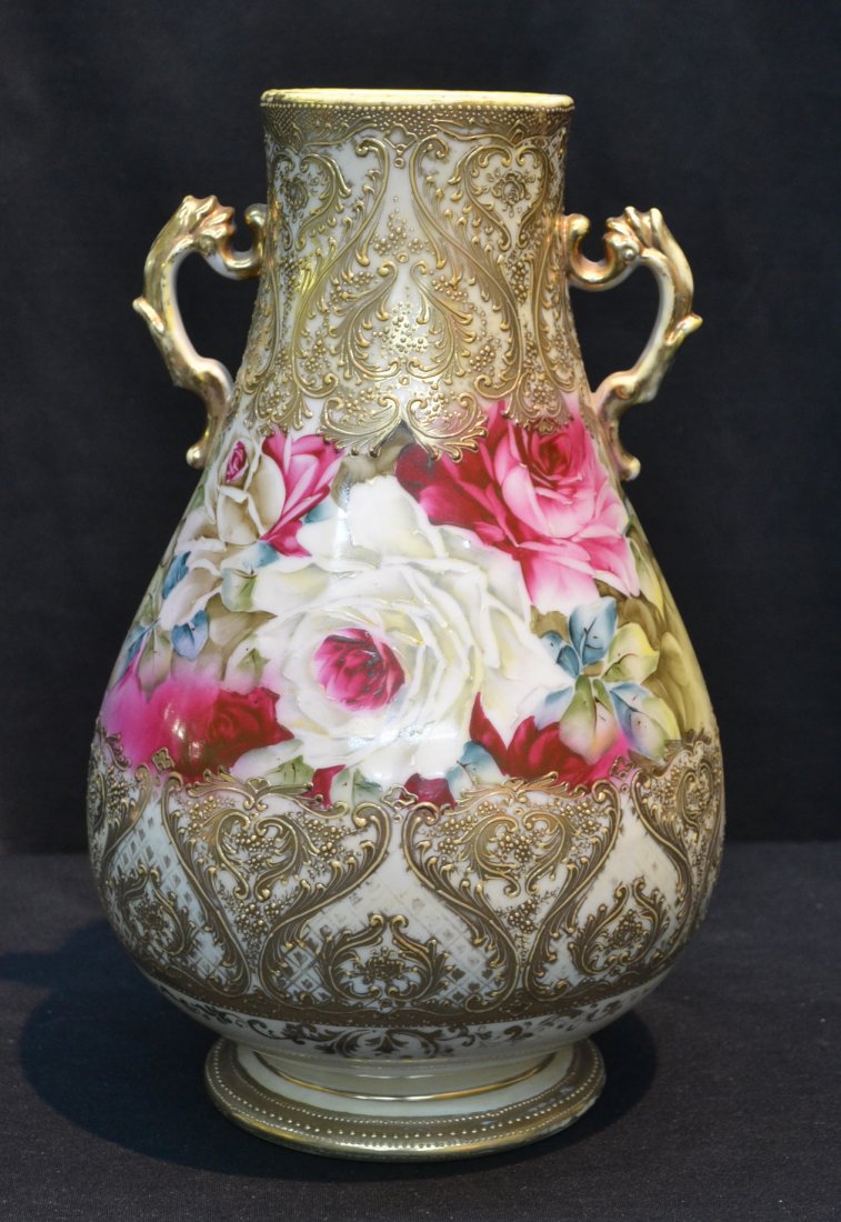 LARGE TWIN HANDLE NIPPON VASE WITH FLOWERS AND: HEAVY GOLD TRIM - 7 1/2" x 13"
