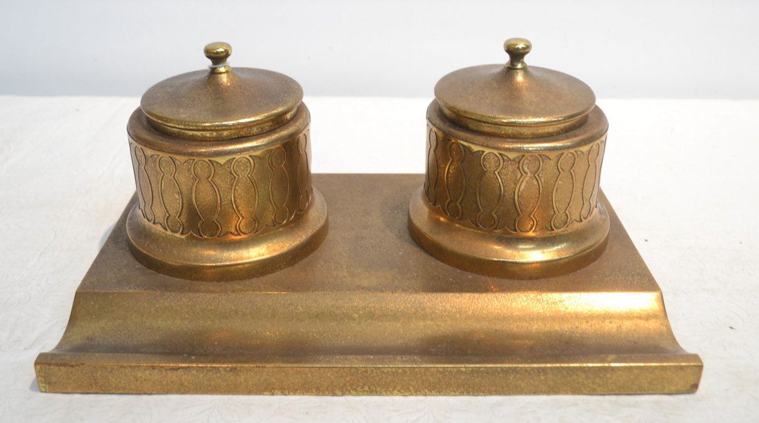 LARGE BRONZE SILVERCREST INKWELL ; SOLD AT: OVINGTONS - 11 1/4" x 7 1/2" x 5 1/2" (ONE MISSING BOTTLE)