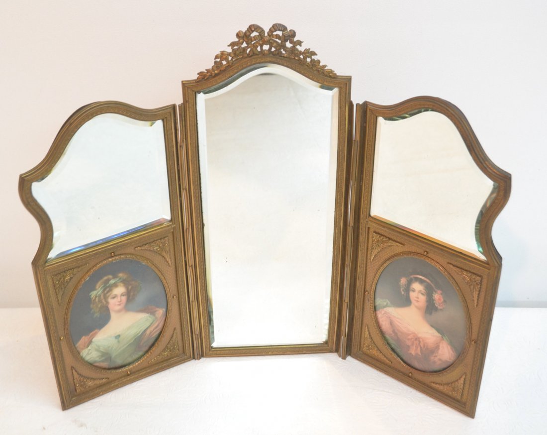 TRIPTYCH BEVELED BRONZE TABLE TOP MIRROR: WITH PORTRAITS - 17" x 13 1/2"