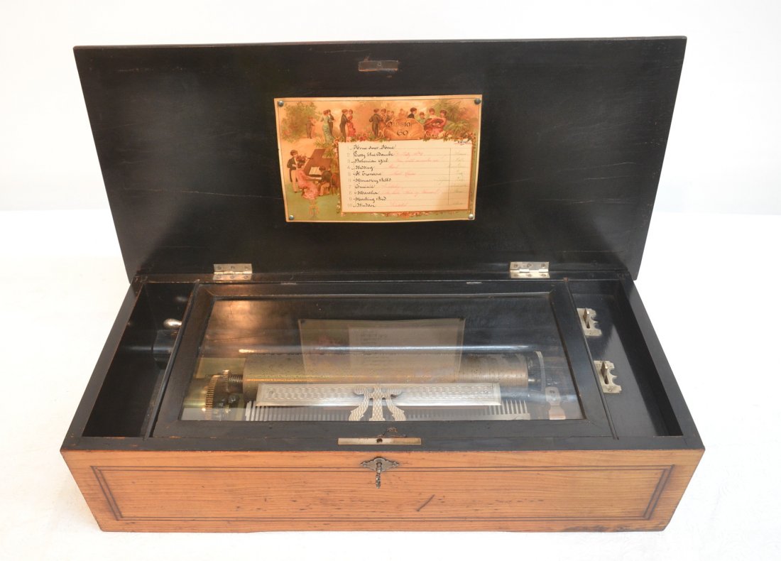 19thC 10 SONG MUSIC BOX WITH MARQUETRY INLAID CASE: WITH HARPS & SHEET MUSIC ; ALSO HAS ADJUSTMENT FOR DIFFERENT INSTRUMENTAL VERSION OF SONGS - 21 1/2" x 10" x 6 1/2"