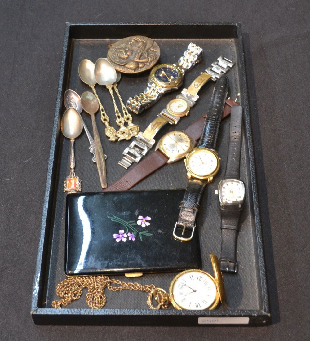 COLLECTORS SPOONS , POCKET WATCH & ASSORTED: WATCHES INCLUDING TIMEX & GEUSS