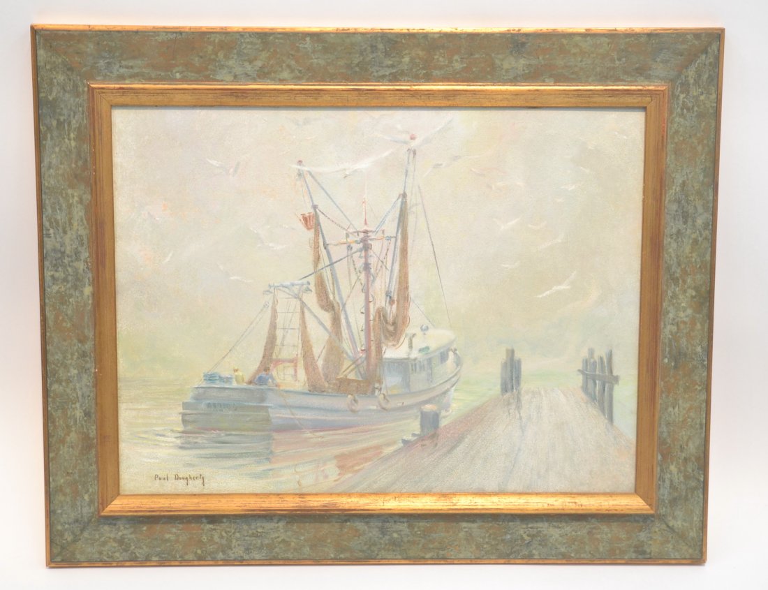 PAUL DOUGHERTY OIL ON PANEL OF FISHING TRAVELER: ASUPO" SIGNED PAUL DOUGHERTY 1946 ; CALIFORNIA ARTIST (1877-1947) 24" x 18" , 30 1/2" x 24 1/2