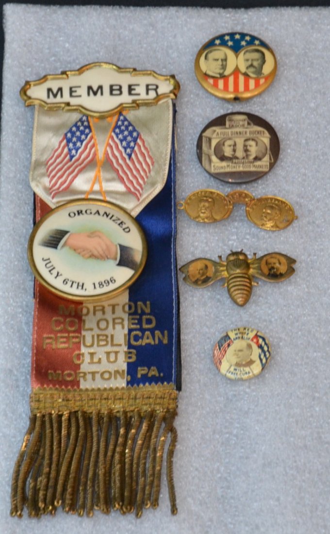 MORTON COLORED REPUBLICAN CLUB BUTTON &: MORTON COLORED REPUBLICAN CLUB BUTTON & CA,PAIGN PINS INCLUDING McKINLEY - FREE CUBA , ROOSEVELT-FAIRBANKS "BEE PIN" McKINLEY "BEE PIN", McKINLEY - ROOSEVELT PIN & "FULL DINNER BUCKET" McKINLEY - ROOS