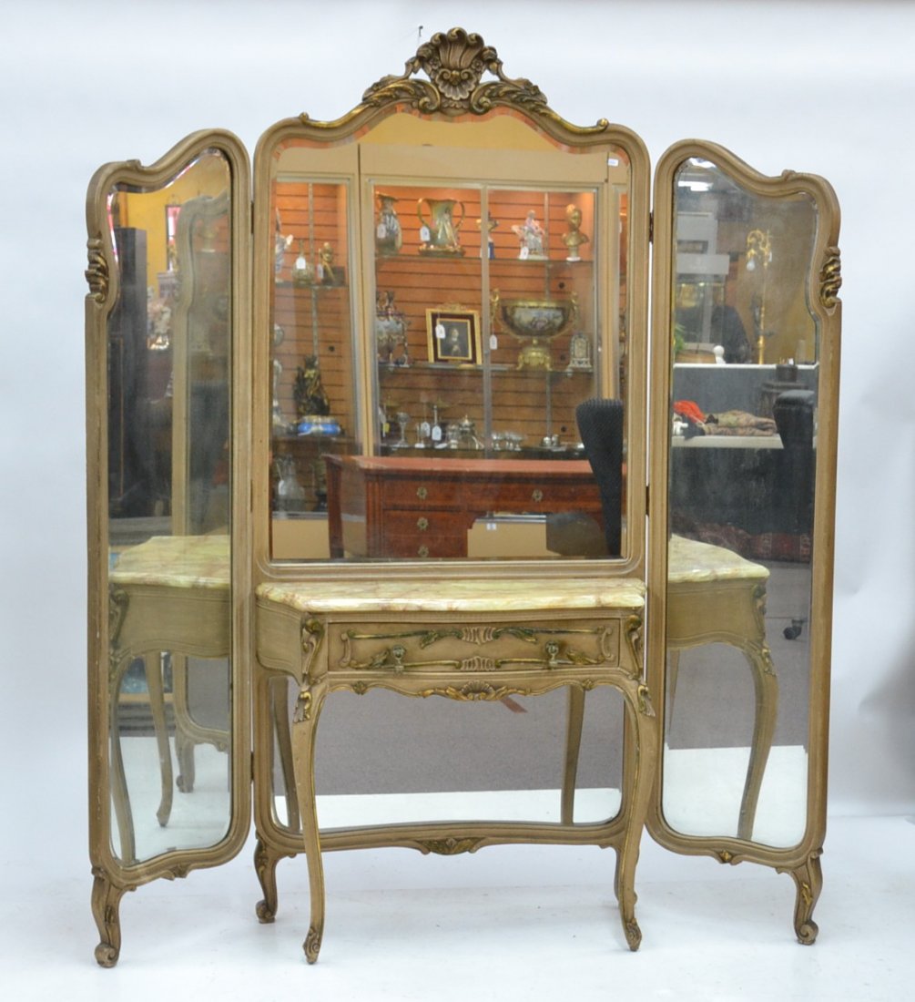 TRIPTYCH FRENCH STYLE BEVELED MIRROR DRESSING: TABLE WITH ONYX TOP