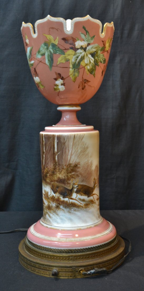 HAND PAINTED OPALINE LAMP WITH DEER IN WINTRY: LANDSCAPE & FLOWERS - 8" x 19"